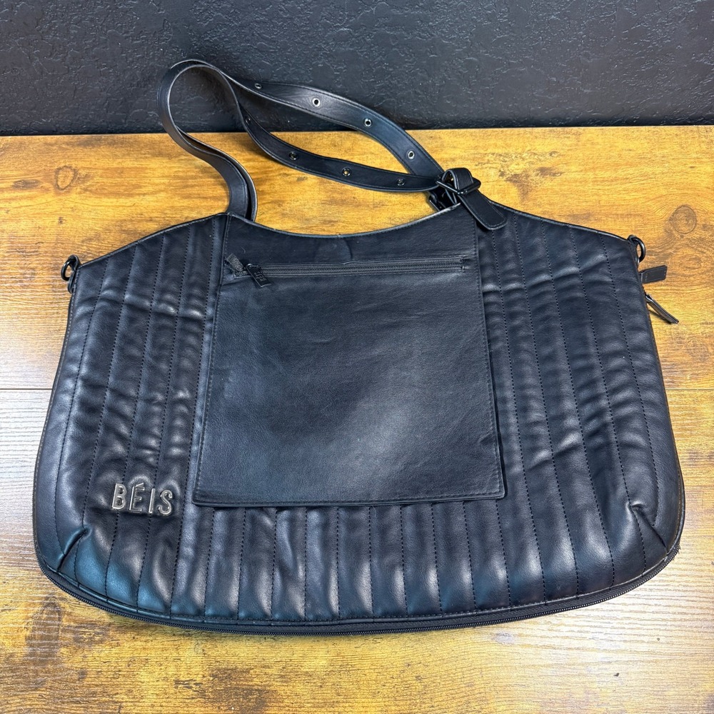 BEIS The Overnight Bag Black Faux Leather Travel Tote Bag Womens Large